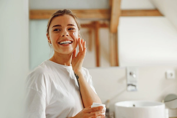  Roześmiana kobieta, na wnętrza tle łazienki, nakłada na twarz krem z peptydami 